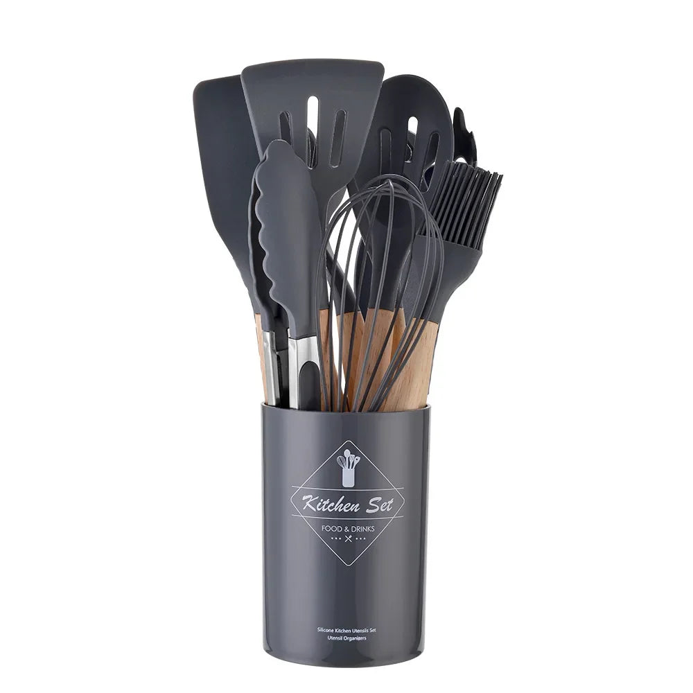 12-teiliges Premium Küchenhelfer-Set | Silikon & Echtholz- Kochen mit Stil und Präzision