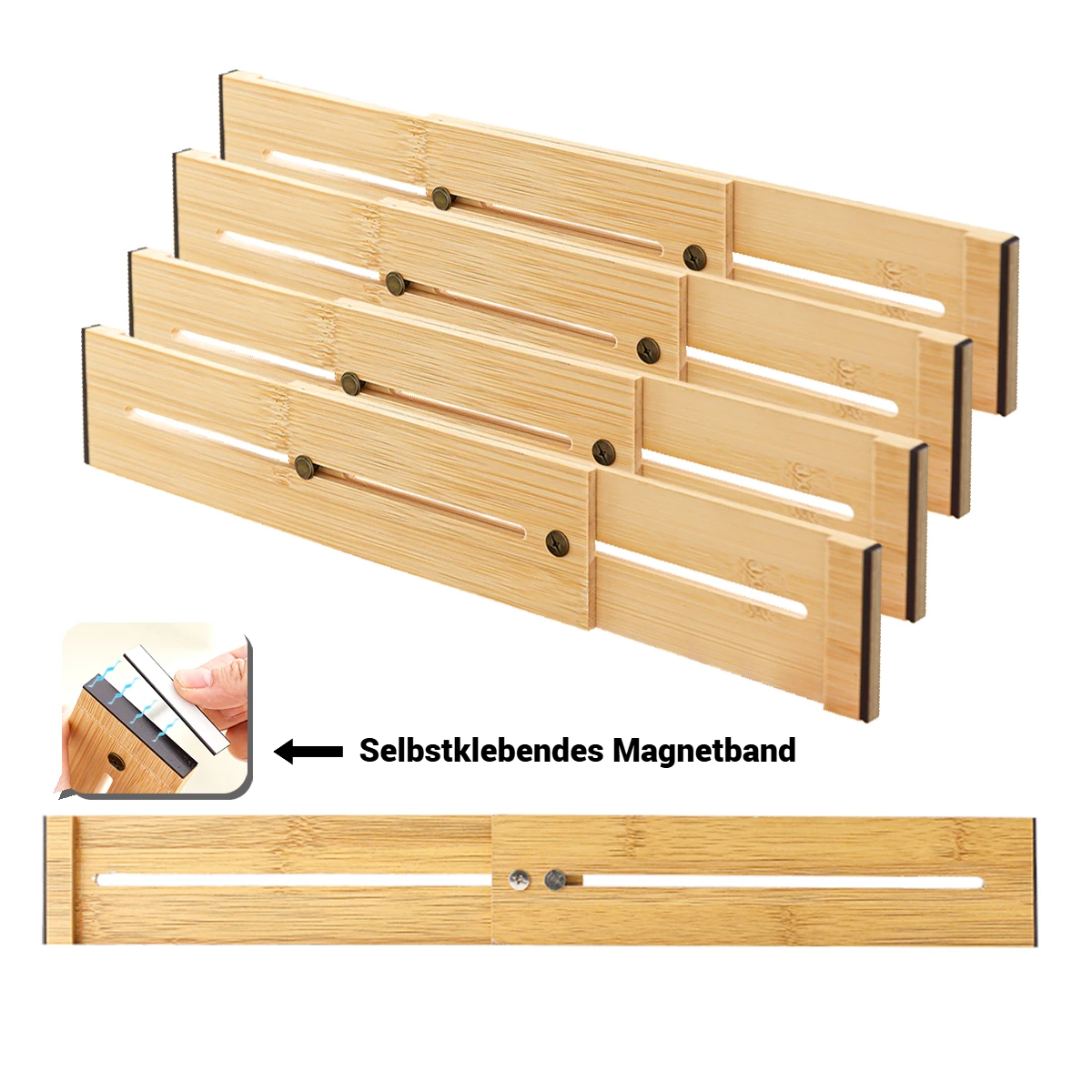 Das 4-teilige Bambus-Schubladenteiler-Set mit Magnetverschluss- Ordnung auf Knopfdruck