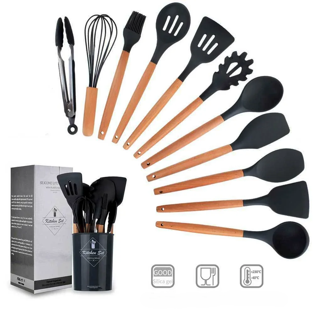 12-teiliges Premium Küchenhelfer-Set | Silikon & Echtholz- Kochen mit Stil und Präzision