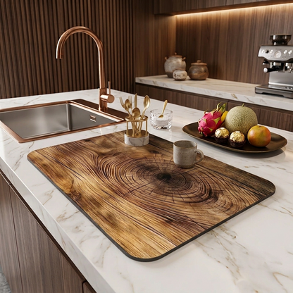 Premium Diatomeenerde Abtropfmatte im 3D Vintage-Holzlook – Saugstark, Rutschfest & Elegant