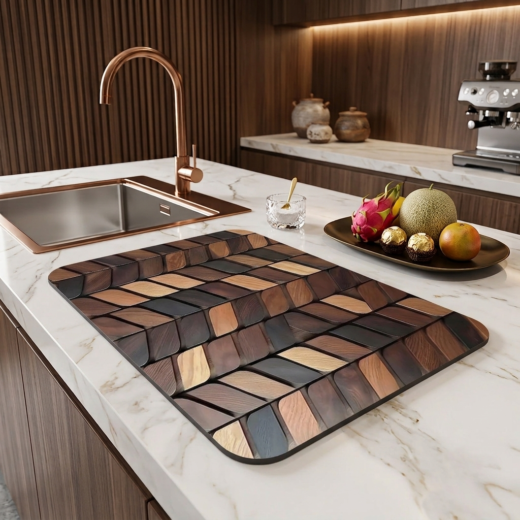 Premium Diatomeenerde Abtropfmatte im 3D Vintage-Holzlook – Saugstark, Rutschfest & Elegant