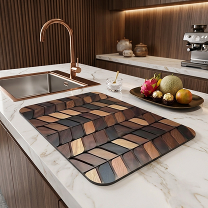 Premium Diatomeenerde Abtropfmatte im 3D Vintage-Holzlook – Saugstark, Rutschfest & Elegant