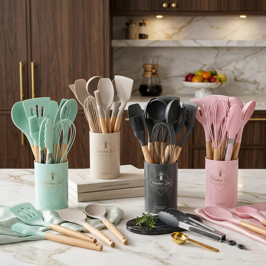 12-teiliges Premium Küchenhelfer-Set | Silikon und Echtholz- Kochen mit Stil und Präzision