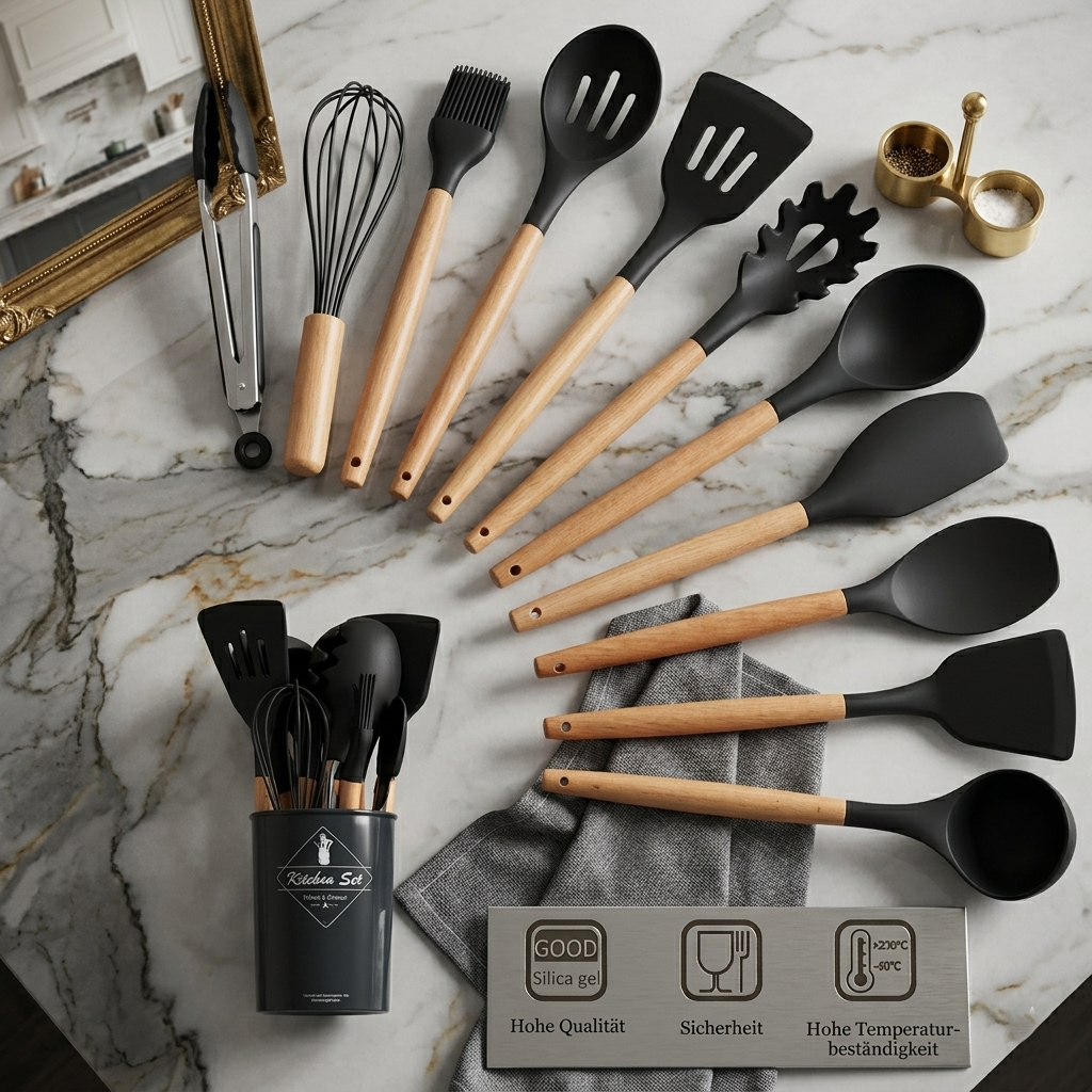 12-teiliges Premium Küchenhelfer-Set | Silikon und Echtholz- Kochen mit Stil und Präzision