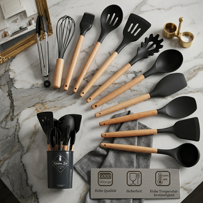 12-teiliges Premium Küchenhelfer-Set | Silikon und Echtholz- Kochen mit Stil und Präzision