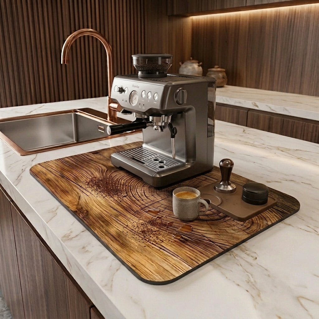 Premium Diatomeenerde Abtropfmatte im 3D Vintage-Holzlook – Saugstark, Rutschfest & Elegant
