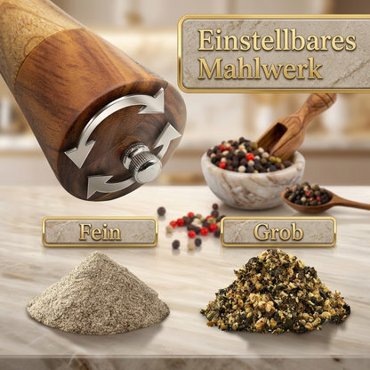 Premium Akazienholz Gewürz- und Pfeffermühle mit Keramikmahlwerk – Kulinarische Präzision trifft auf zeitlose Natur-Eleganz
