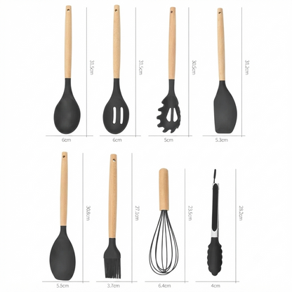 12-teiliges Premium Küchenhelfer-Set | Silikon und Echtholz- Kochen mit Stil und Präzision