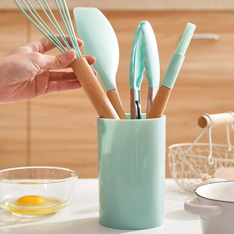 12-teiliges Premium Küchenhelfer-Set | Silikon & Echtholz- Kochen mit Stil und Präzision