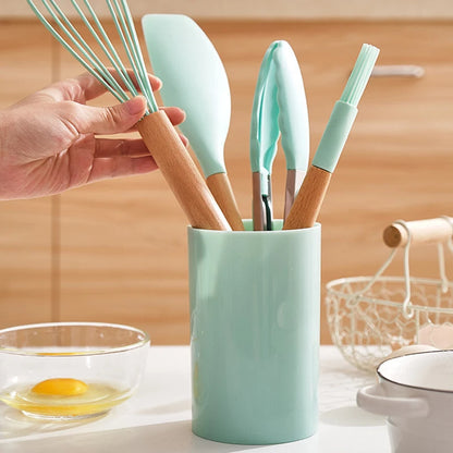 12-teiliges Premium Küchenhelfer-Set | Silikon & Echtholz- Kochen mit Stil und Präzision
