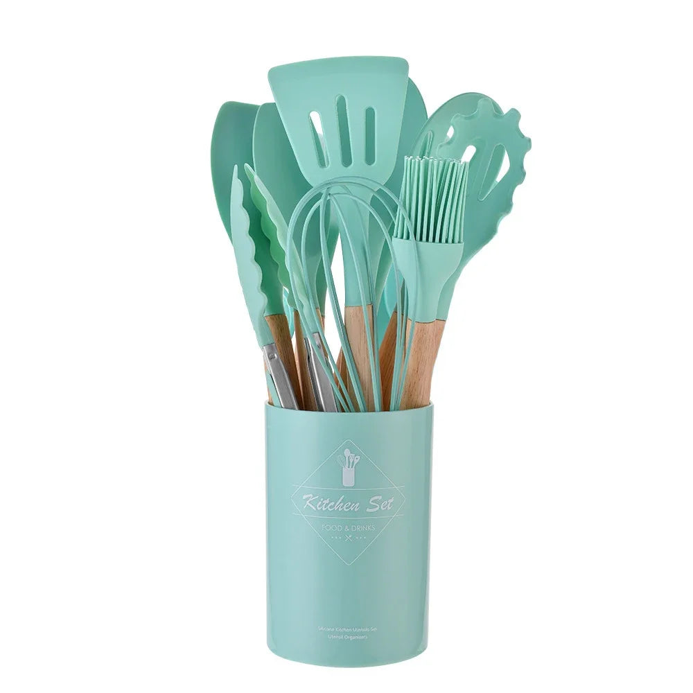 12-teiliges Premium Küchenhelfer-Set | Silikon & Echtholz- Kochen mit Stil und Präzision