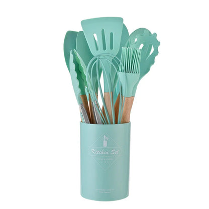 12-teiliges Premium Küchenhelfer-Set | Silikon & Echtholz- Kochen mit Stil und Präzision