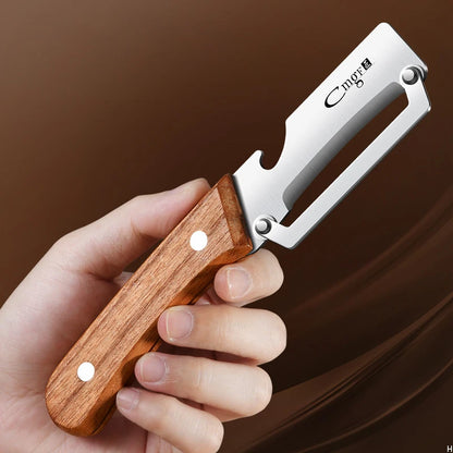 Premium Obst-und Gemüseschäler mit Holzgriff und Integriertem Flaschenöffner