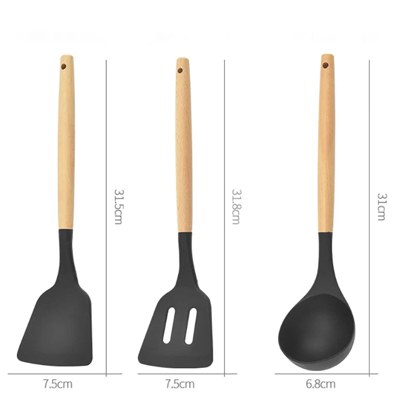12-teiliges Premium Küchenhelfer-Set | Silikon & Echtholz- Kochen mit Stil und Präzision