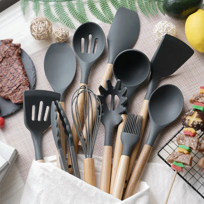 12-teiliges Premium Küchenhelfer-Set | Silikon & Echtholz- Kochen mit Stil und Präzision