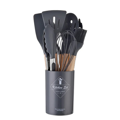 12-teiliges Premium Küchenhelfer-Set | Silikon & Echtholz- Kochen mit Stil und Präzision