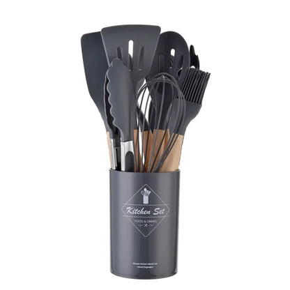 12-teiliges Premium Küchenhelfer-Set | Silikon und Echtholz- Kochen mit Stil und Präzision