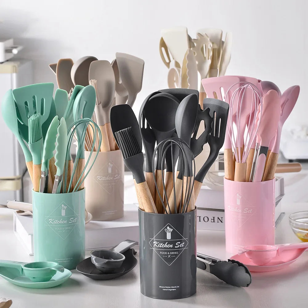 12-teiliges Premium Küchenhelfer-Set | Silikon & Echtholz- Kochen mit Stil und Präzision