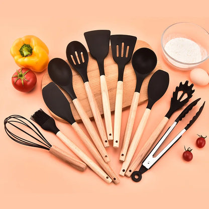 12-teiliges Premium Küchenhelfer-Set | Silikon & Echtholz- Kochen mit Stil und Präzision