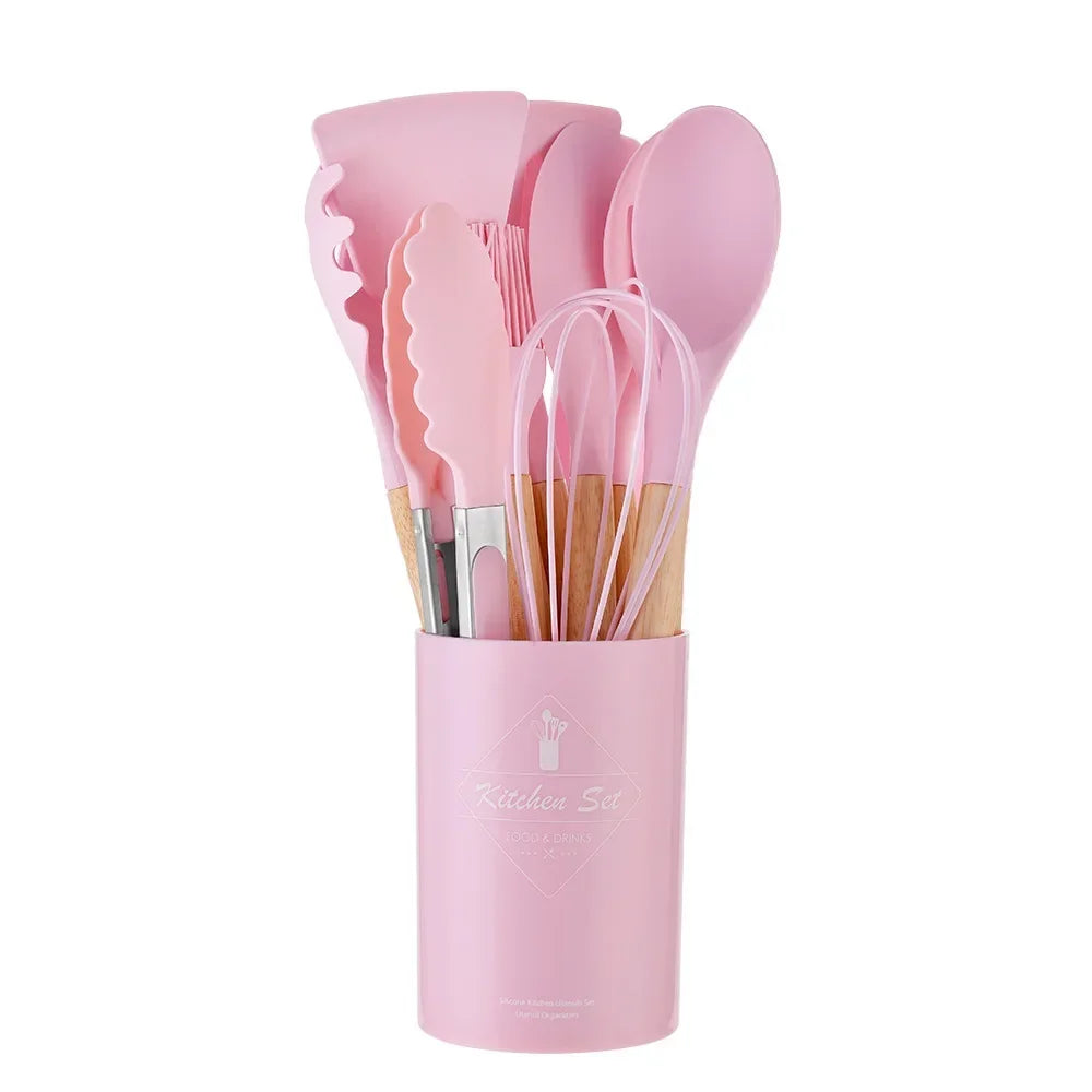 12-teiliges Premium Küchenhelfer-Set | Silikon & Echtholz- Kochen mit Stil und Präzision