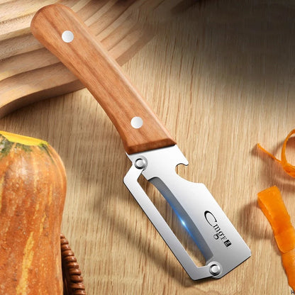 Premium Obst-und Gemüseschäler mit Holzgriff und Integriertem Flaschenöffner