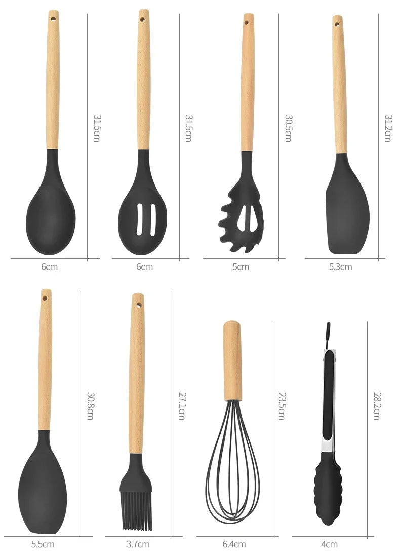 12-teiliges Premium Küchenhelfer-Set | Silikon & Echtholz- Kochen mit Stil und Präzision