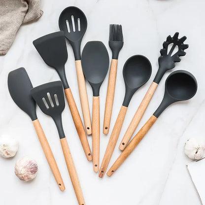 12-teiliges Premium Küchenhelfer-Set | Silikon & Echtholz- Kochen mit Stil und Präzision