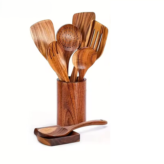 Handgefertigtes Teakholz-Utensilien-Set aus Premium-Massivholz